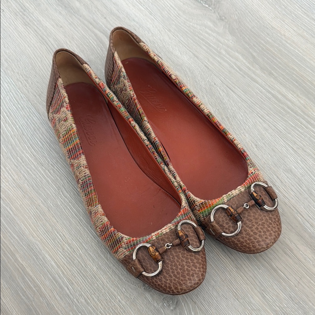 Gucci Vintage Gg Straw Bamboo Horsebit Ballet Flats Y2k Size 38.5/8